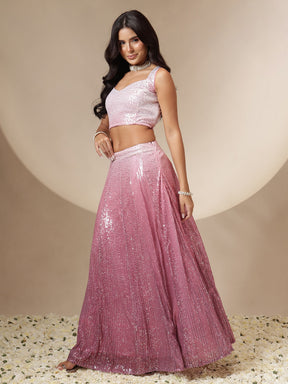 Pink Ombre Sequin Crop Top With Anarkali Skirt-Shae by SASSAFRAS