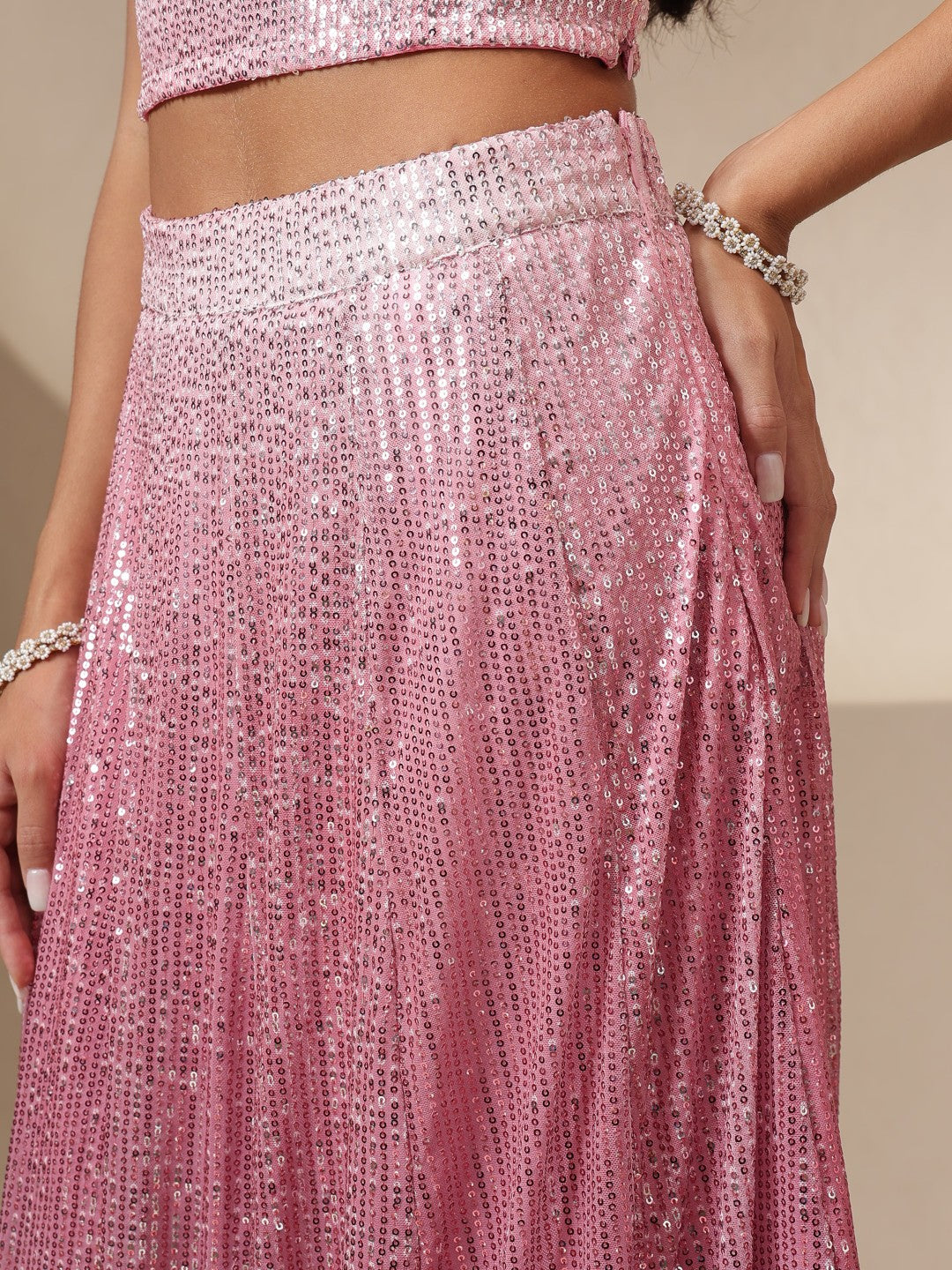 Pink Ombre Sequin Crop Top With Anarkali Skirt-Shae by SASSAFRAS