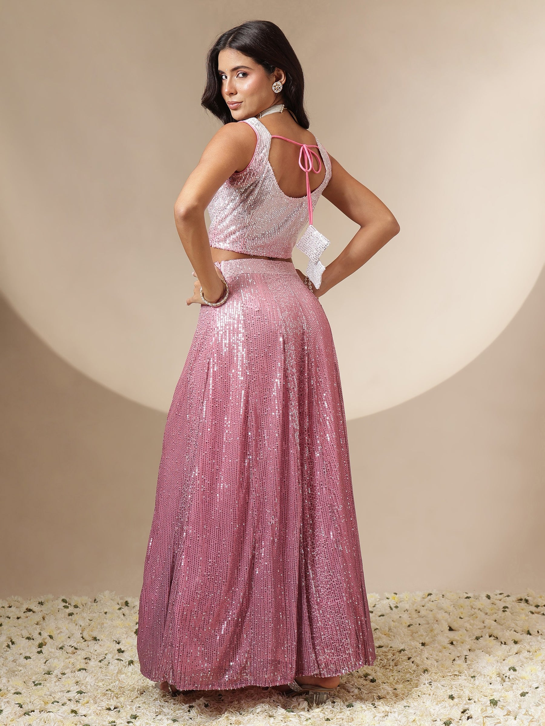 Women Pink Ombre Sequin Crop Top With Anarkali Skirt