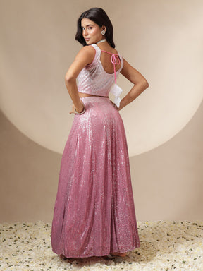 Women Pink Ombre Sequin Crop Top With Anarkali Skirt
