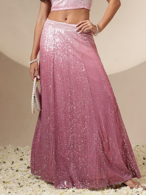 Women Pink Ombre Sequin Crop Top With Anarkali Skirt