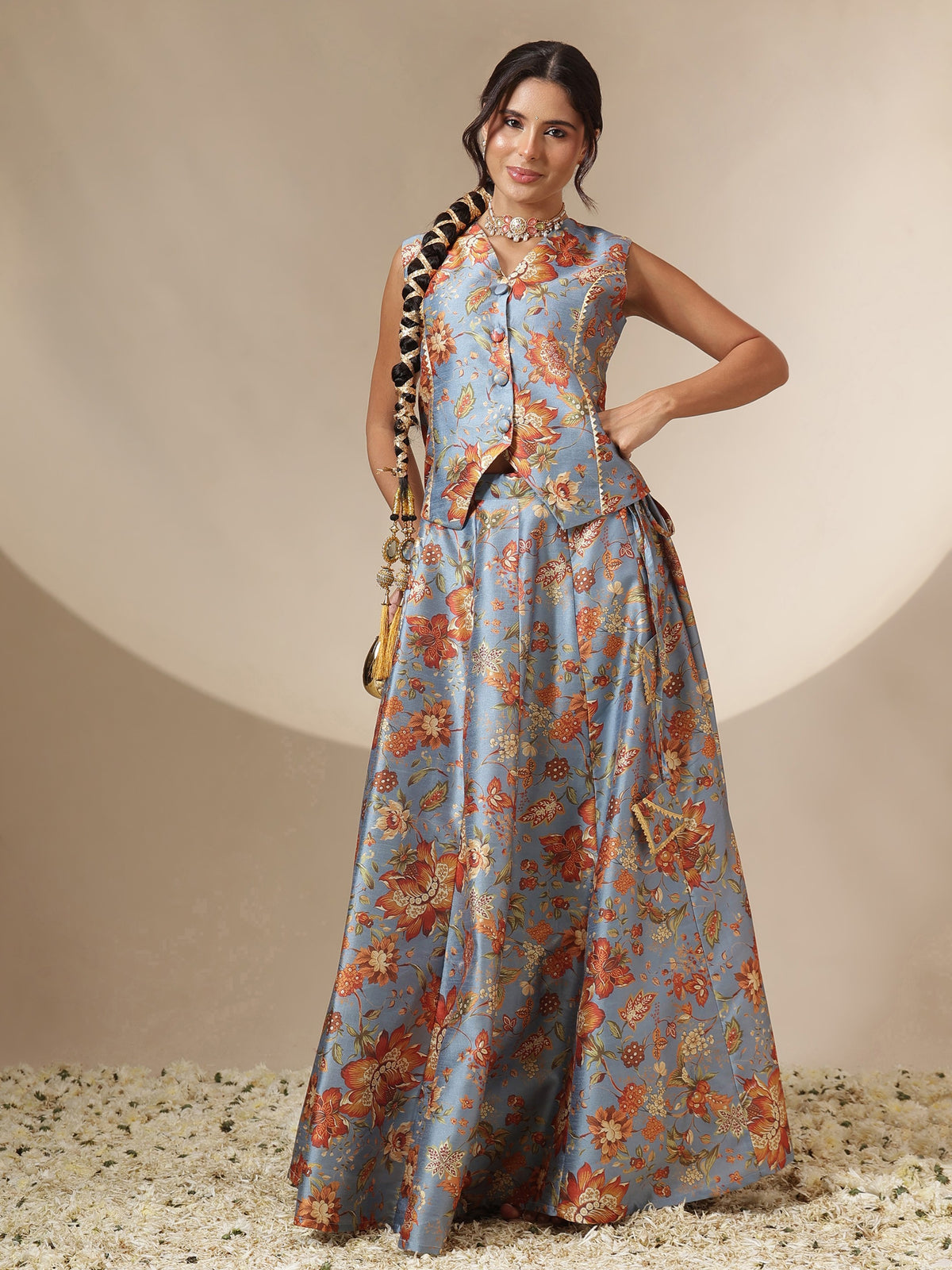 Grey Floral Anarkali Skirt With Vest-Shae by SASSAFRAS