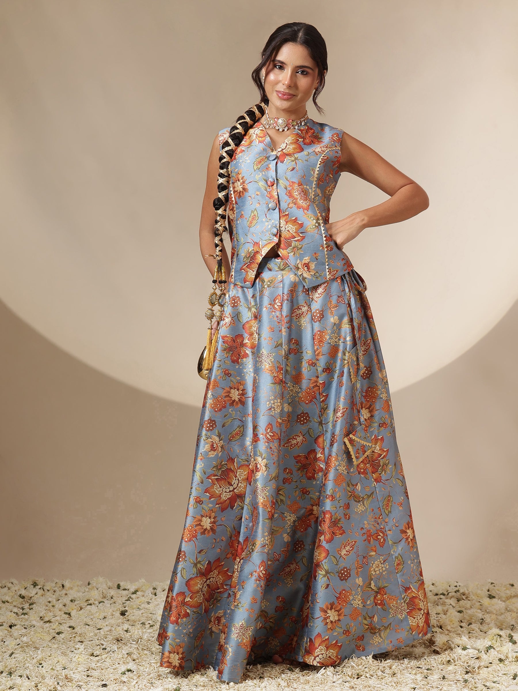 Grey Floral Anarkali Skirt With Vest-Shae by SASSAFRAS