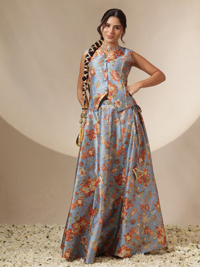 Grey Floral Anarkali Skirt With Vest-Shae by SASSAFRAS