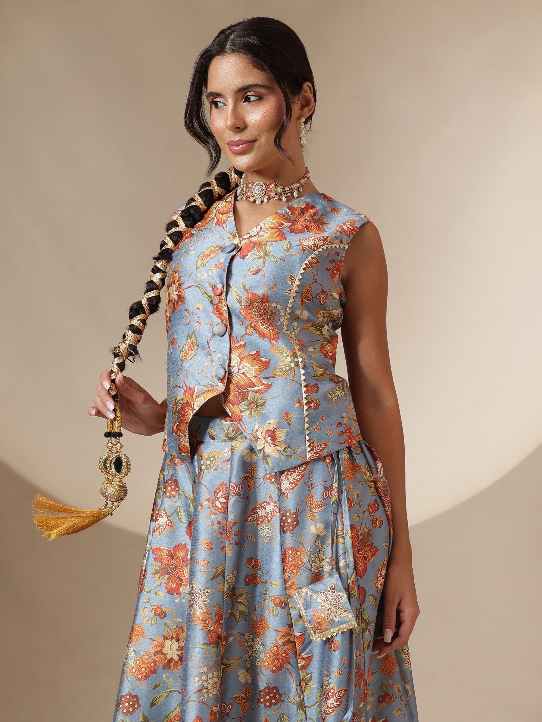 Grey Floral Anarkali Skirt With Vest-Shae by SASSAFRAS