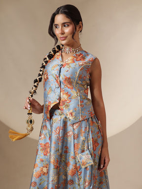 Grey Floral Anarkali Skirt With Vest-Shae by SASSAFRAS