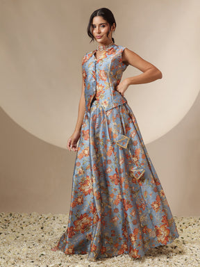 Grey Floral Anarkali Skirt With Vest-Shae by SASSAFRAS