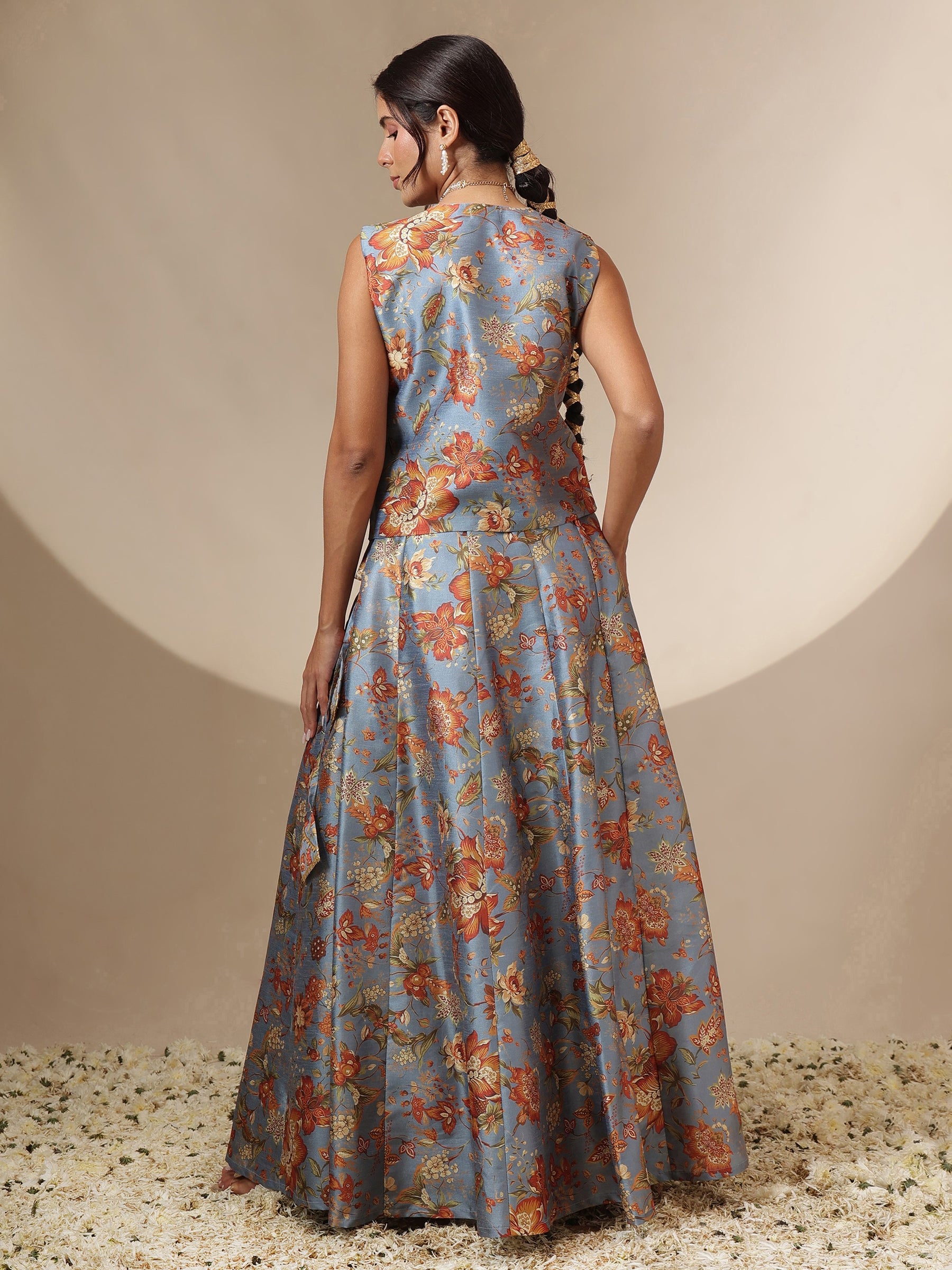 Women Grey Floral Anarkali Skirt With Vest