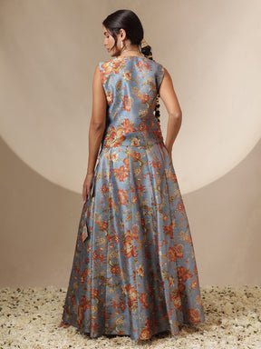 Women Grey Floral Anarkali Skirt With Vest