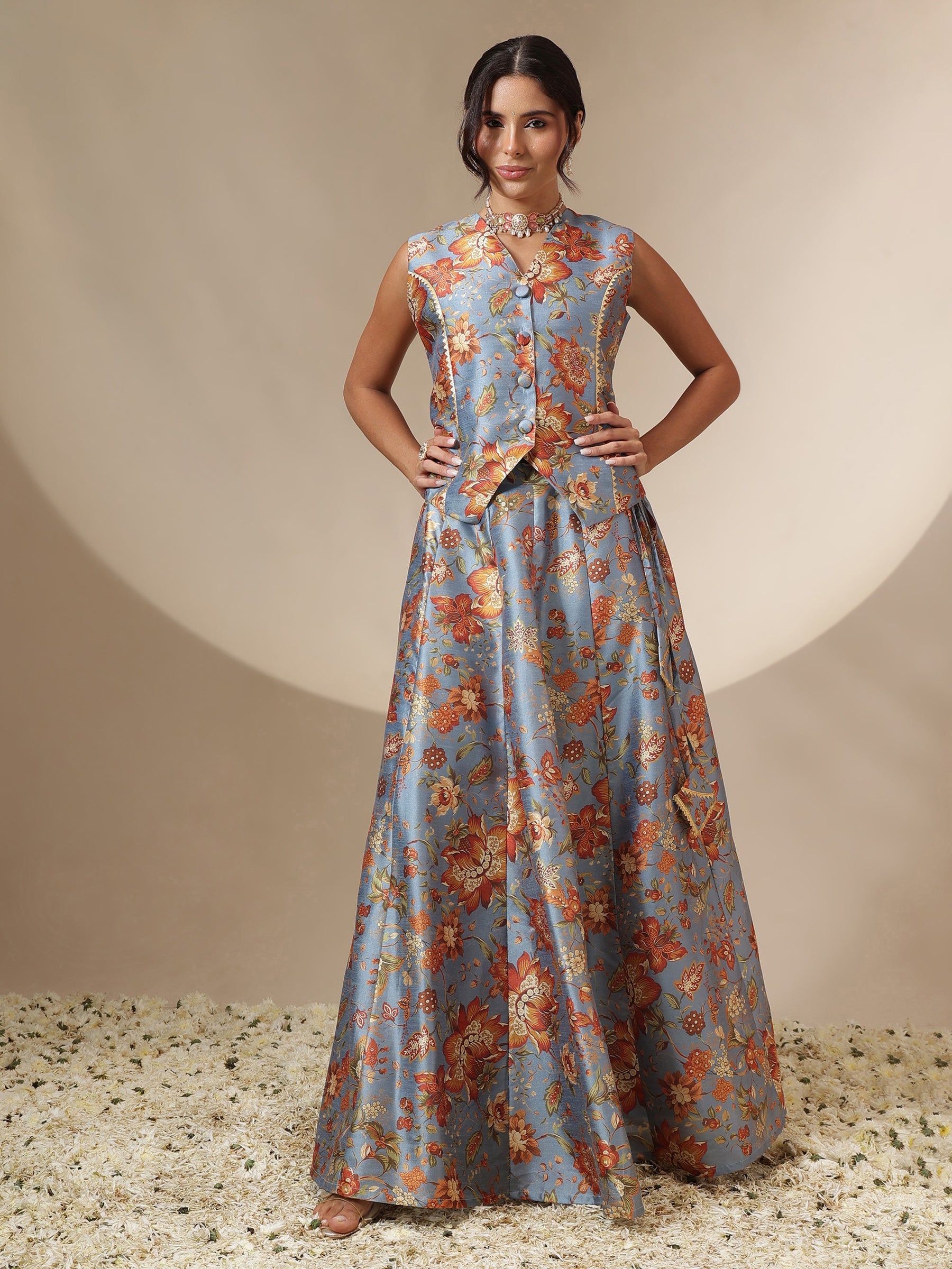 Women Grey Floral Anarkali Skirt With Vest