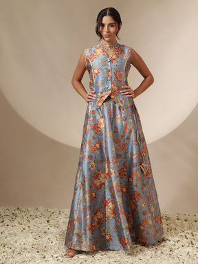 Women Grey Floral Anarkali Skirt With Vest