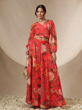 Red Floral Tie-Wrap Top With Anarkali Skirt -Shae by SASSAFRAS