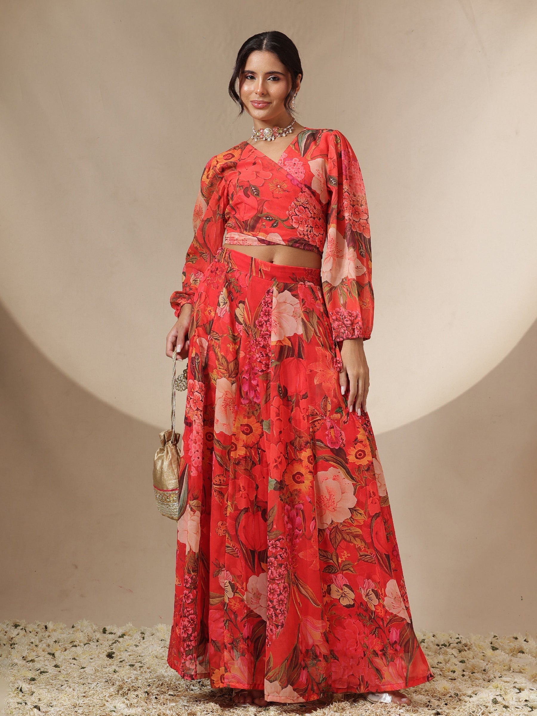 Red Floral Tie-Wrap Top With Anarkali Skirt -Shae by SASSAFRAS