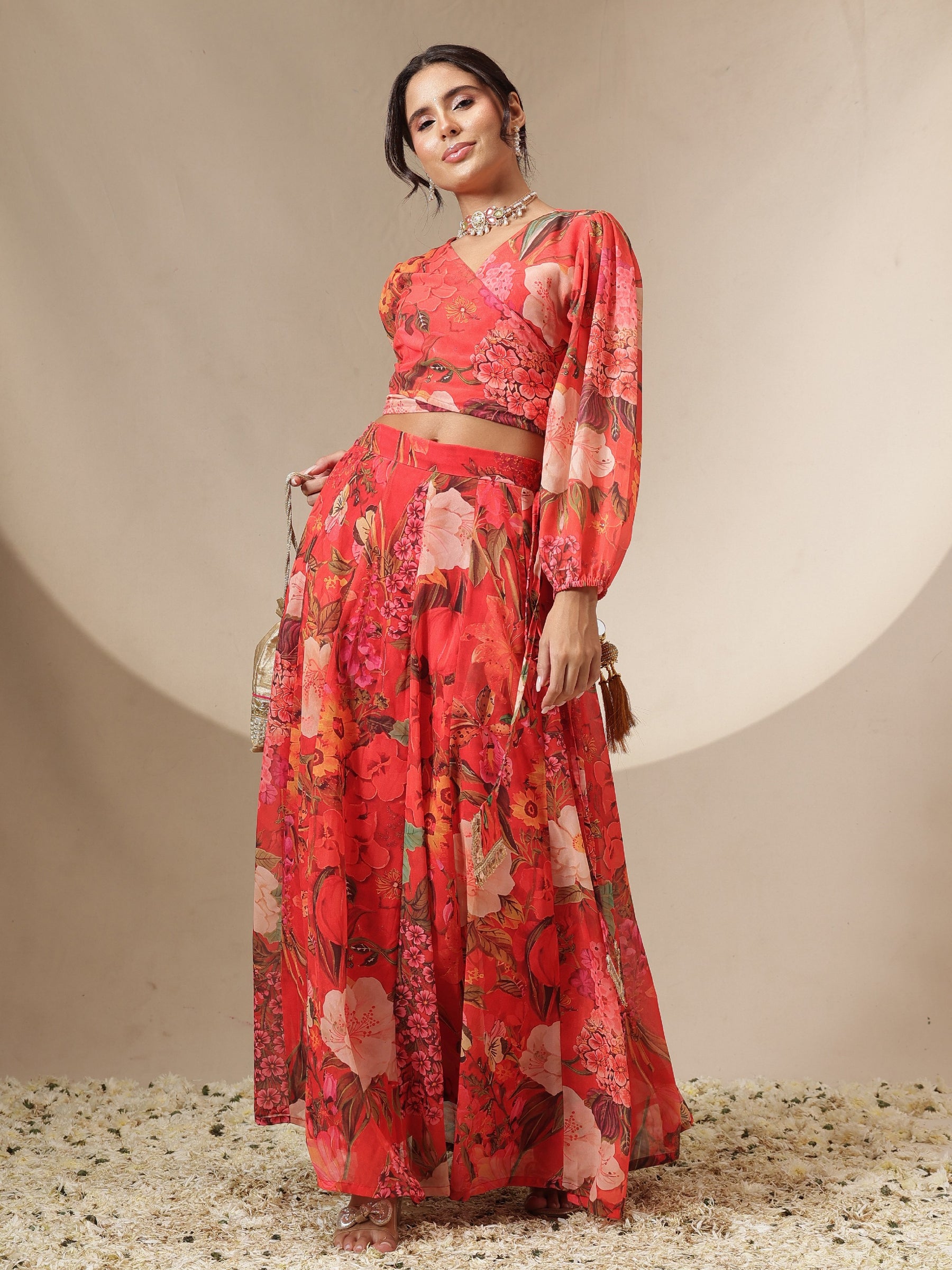 Red Floral Tie-Wrap Top With Anarkali Skirt -Shae by SASSAFRAS