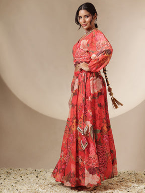 Red Floral Tie-Wrap Top With Anarkali Skirt -Shae by SASSAFRAS