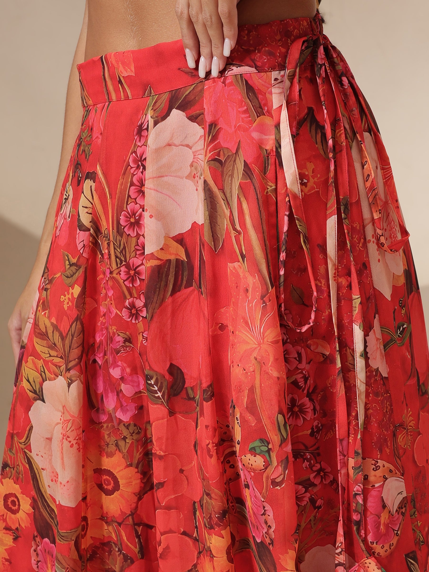 Red Floral Tie-Wrap Top With Anarkali Skirt -Shae by SASSAFRAS