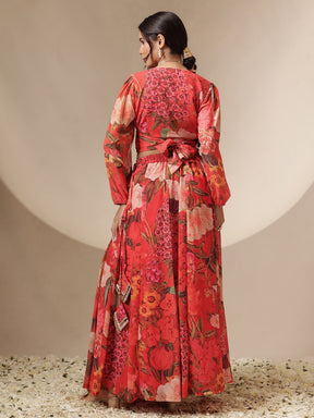 Women Red Floral Tie-Wrap Top With Anarkali Skirt