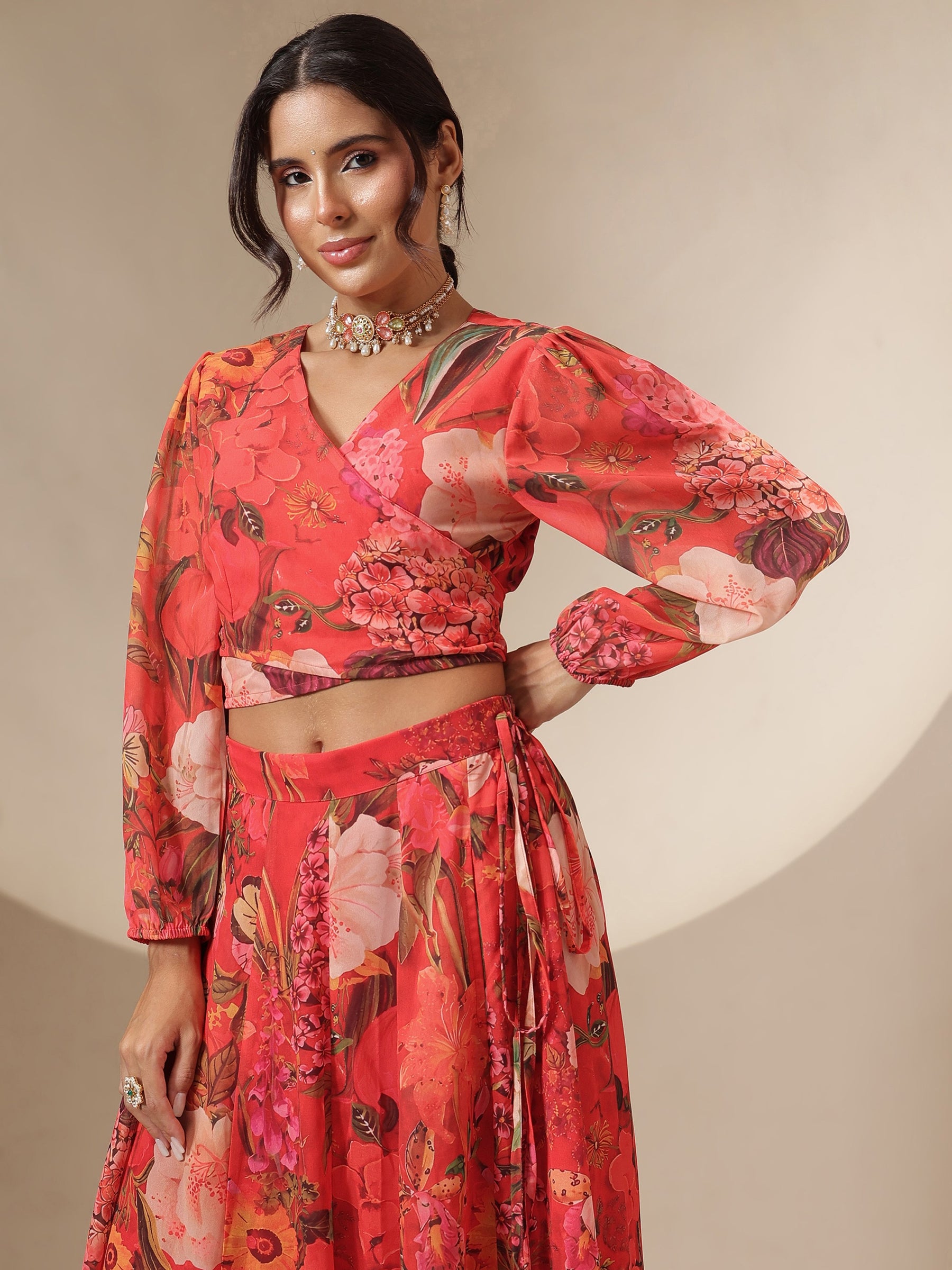 Women Red Floral Tie-Wrap Top With Anarkali Skirt