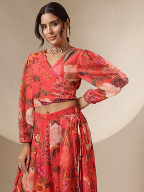 Women Red Floral Tie-Wrap Top With Anarkali Skirt