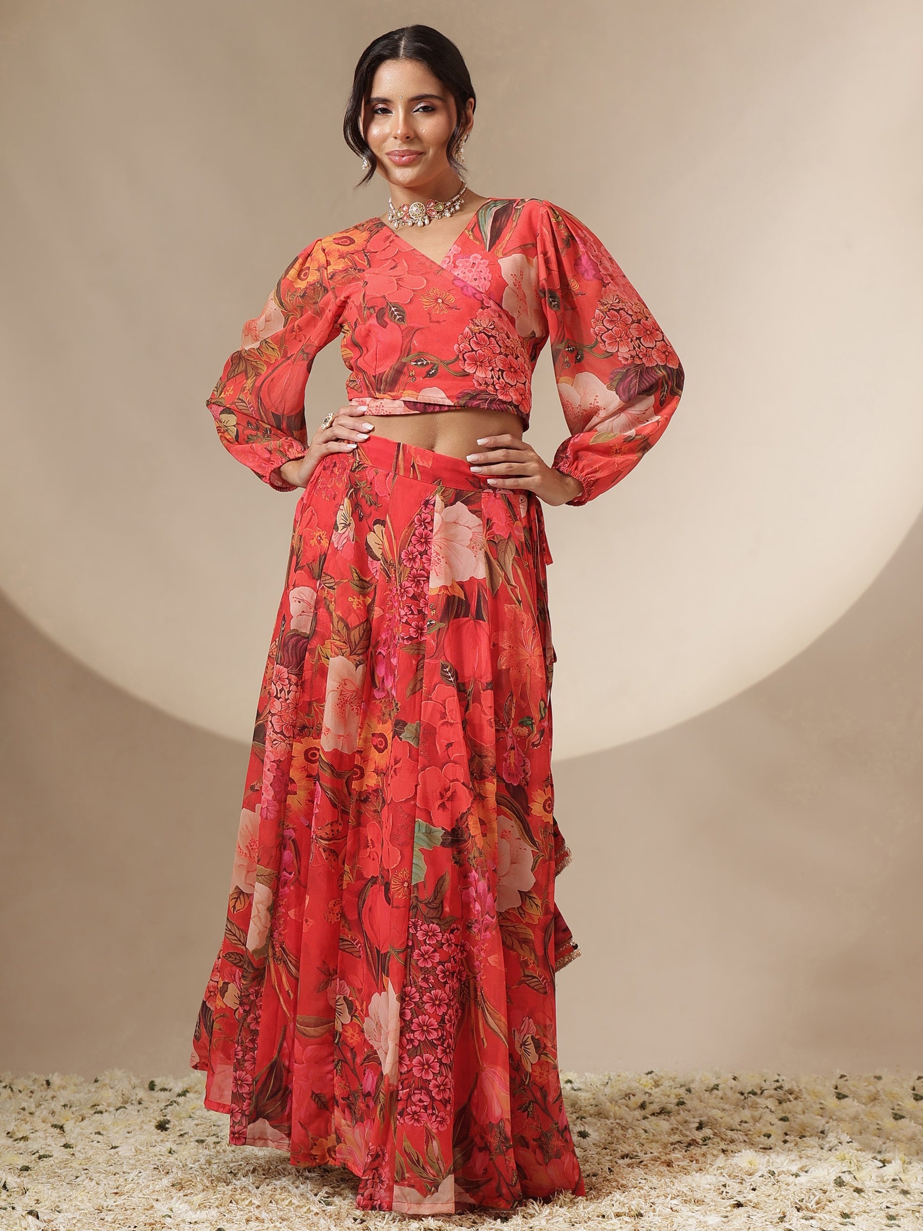 Women Red Floral Tie-Wrap Top With Anarkali Skirt