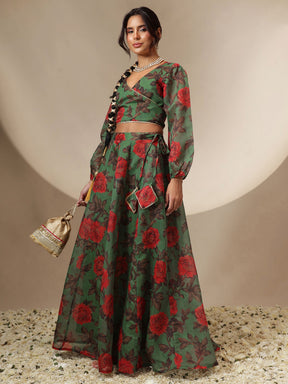 Green Floral Wrap Top With Anarkali Skirt -Shae by SASSAFRAS