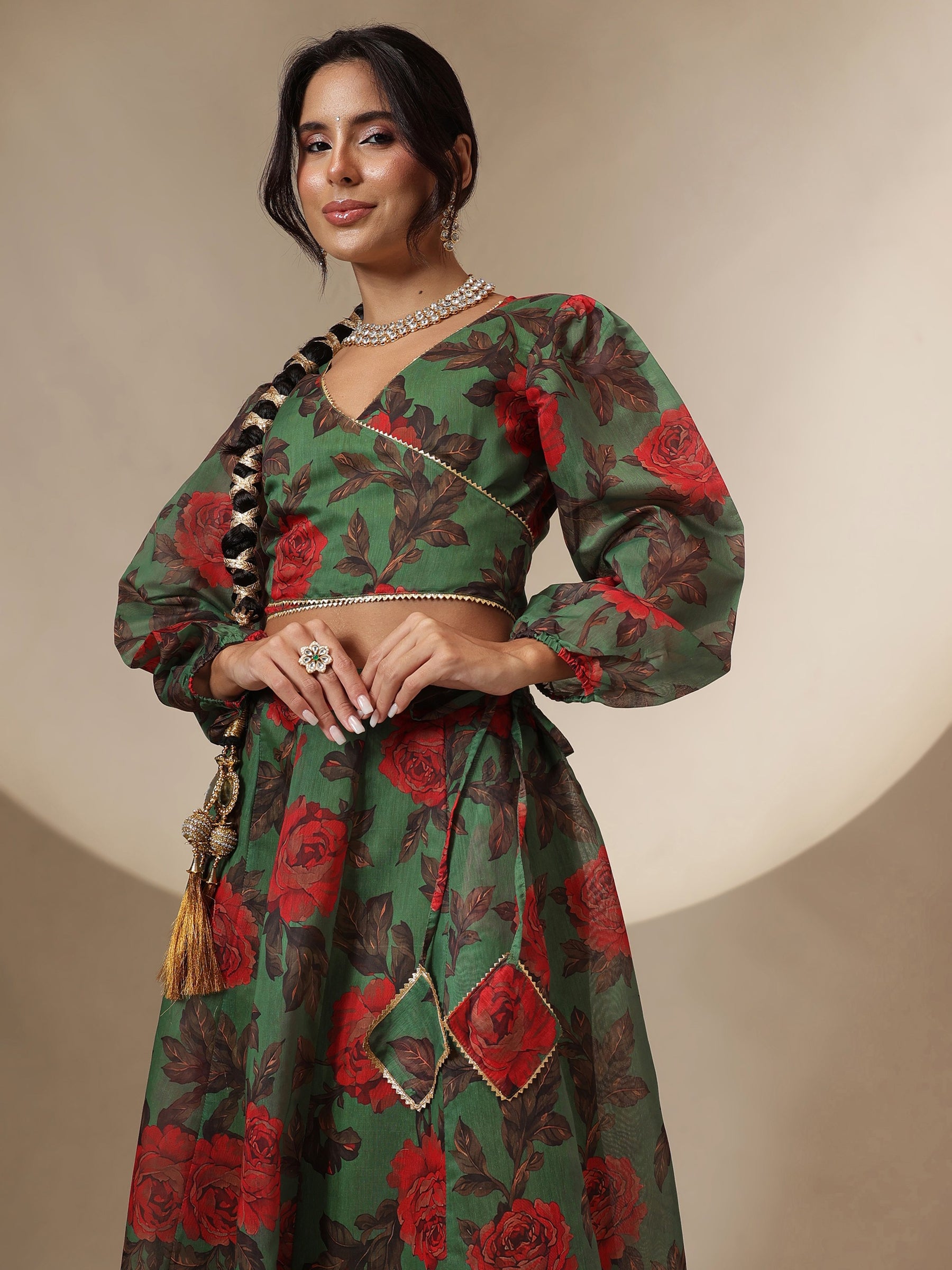 Green Floral Wrap Top With Anarkali Skirt -Shae by SASSAFRAS