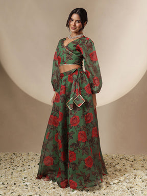 Green Floral Wrap Top With Anarkali Skirt -Shae by SASSAFRAS