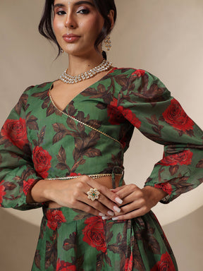 Green Floral Wrap Top With Anarkali Skirt -Shae by SASSAFRAS
