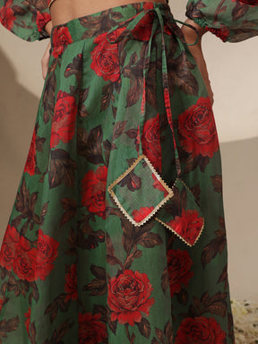 Green Floral Wrap Top With Anarkali Skirt -Shae by SASSAFRAS