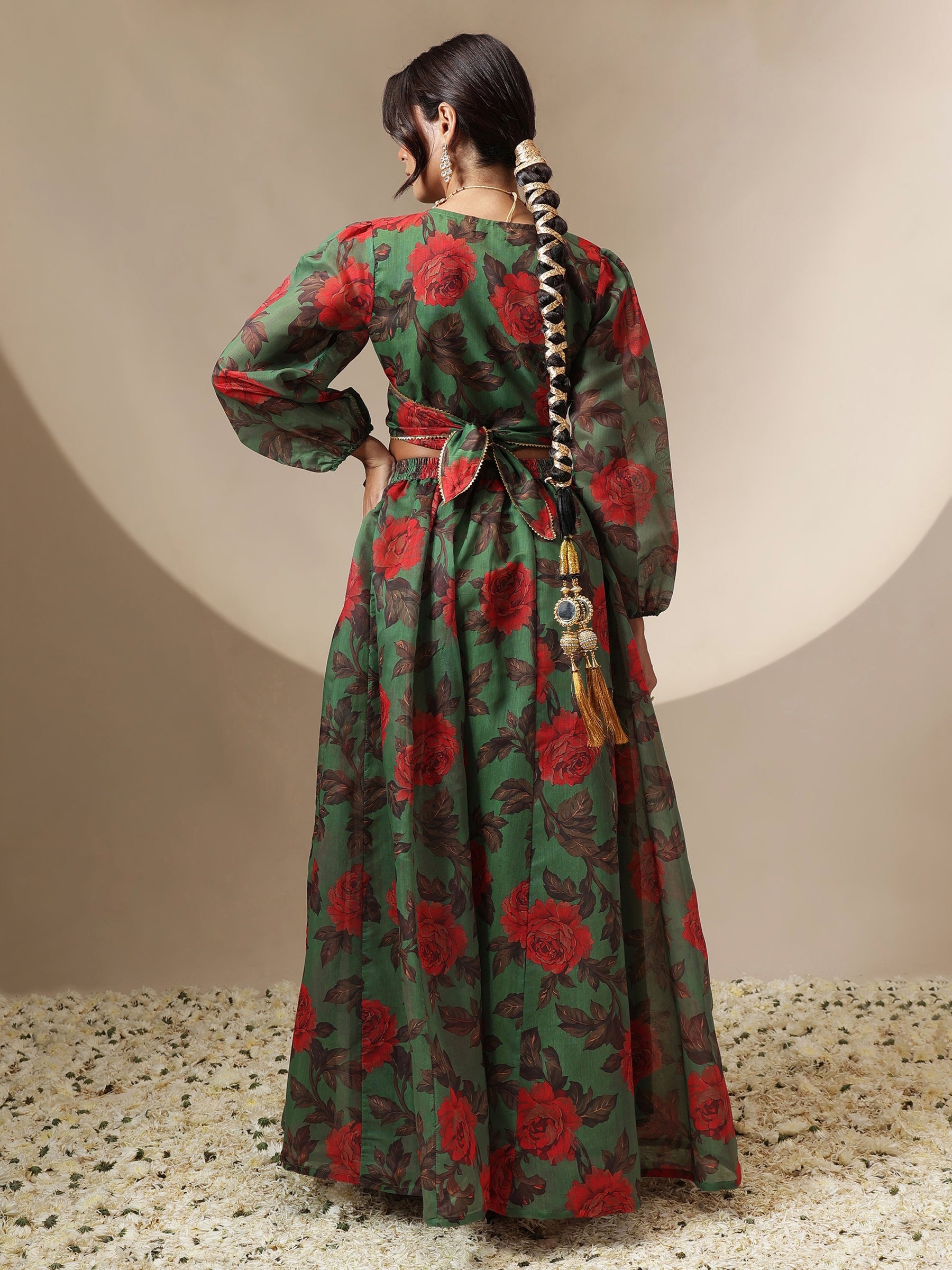 Women Green Floral Wrap Top With Anarkali Skirt
