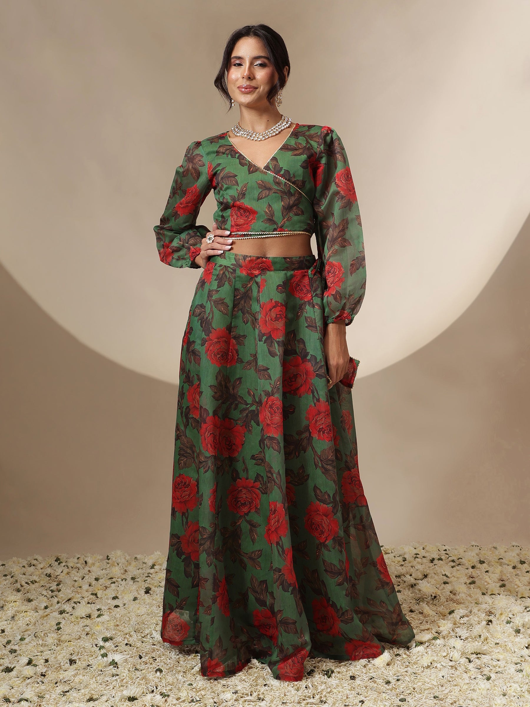 Women Green Floral Wrap Top With Anarkali Skirt