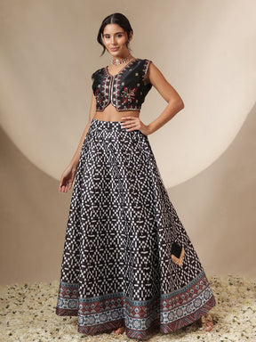 Black Embroidery Crop Vest With Anarkali Skirt-Shae by SASSAFRAS