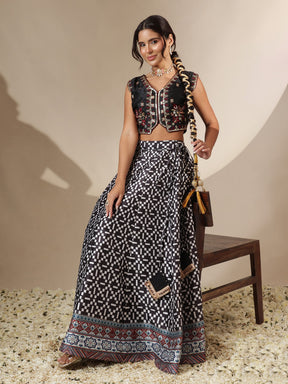 Black Embroidery Crop Vest With Anarkali Skirt-Shae by SASSAFRAS
