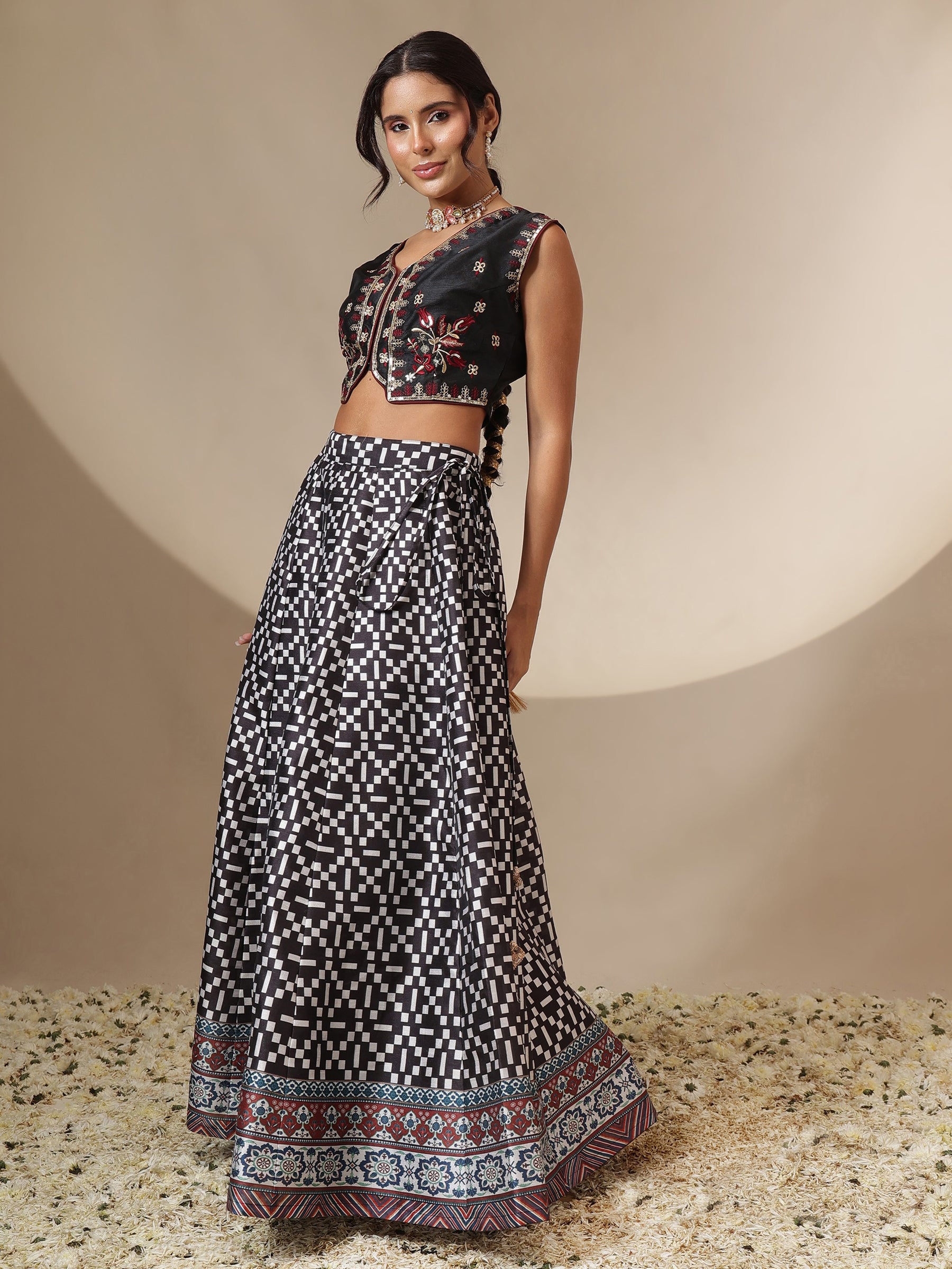 Black Embroidery Crop Vest With Anarkali Skirt-Shae by SASSAFRAS