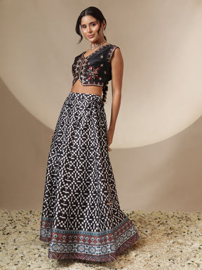 Black Embroidery Crop Vest With Anarkali Skirt-Shae by SASSAFRAS