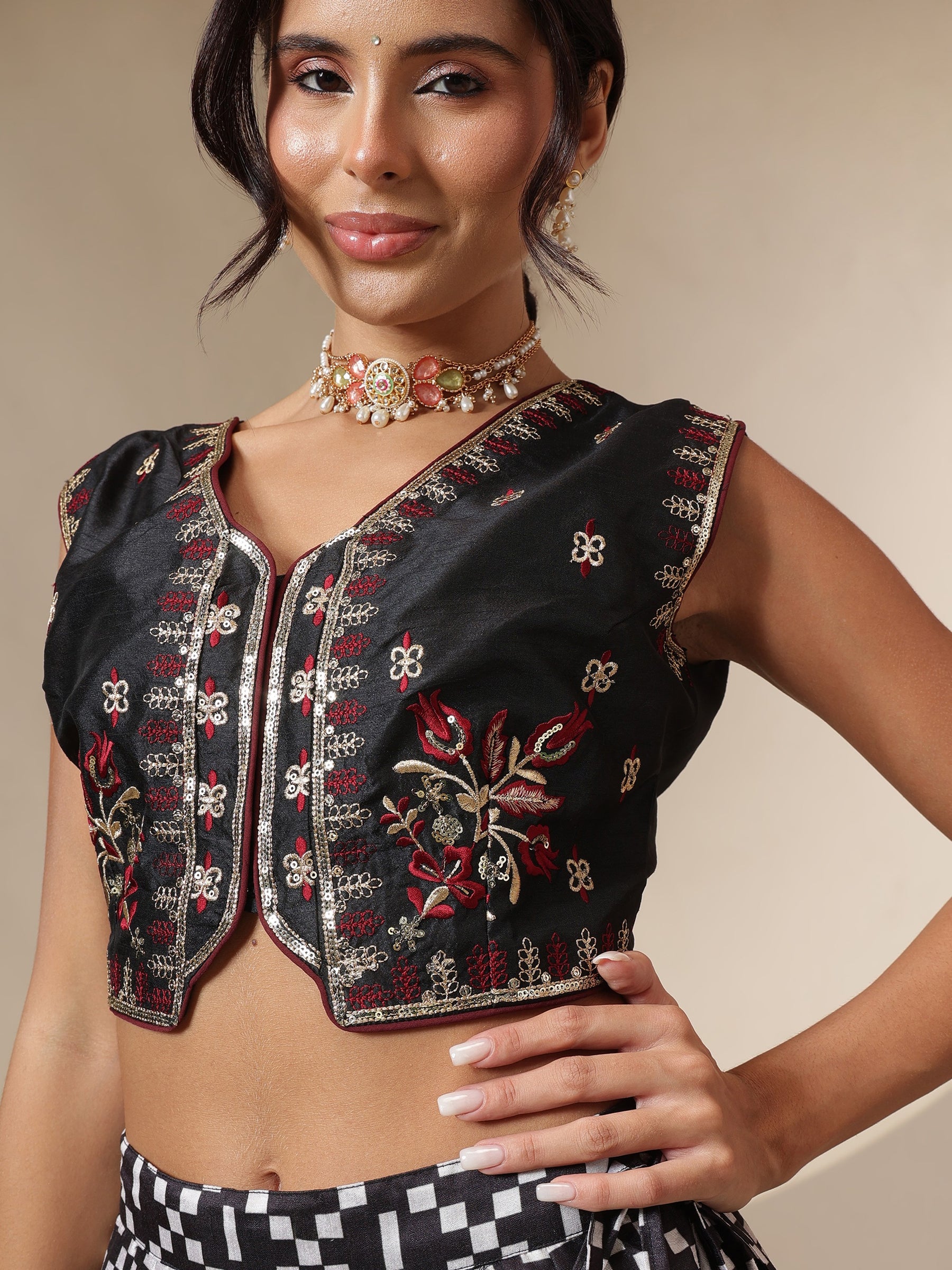 Black Embroidery Crop Vest With Anarkali Skirt-Shae by SASSAFRAS