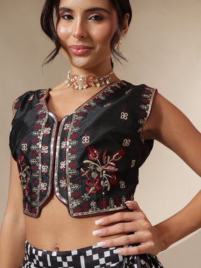 Black Embroidery Crop Vest With Anarkali Skirt-Shae by SASSAFRAS