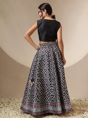 Women Black Embroidery Crop Vest With Anarkali Skirt