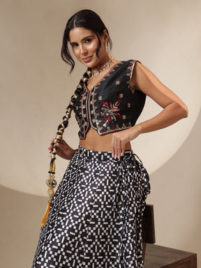 Women Black Embroidery Crop Vest With Anarkali Skirt