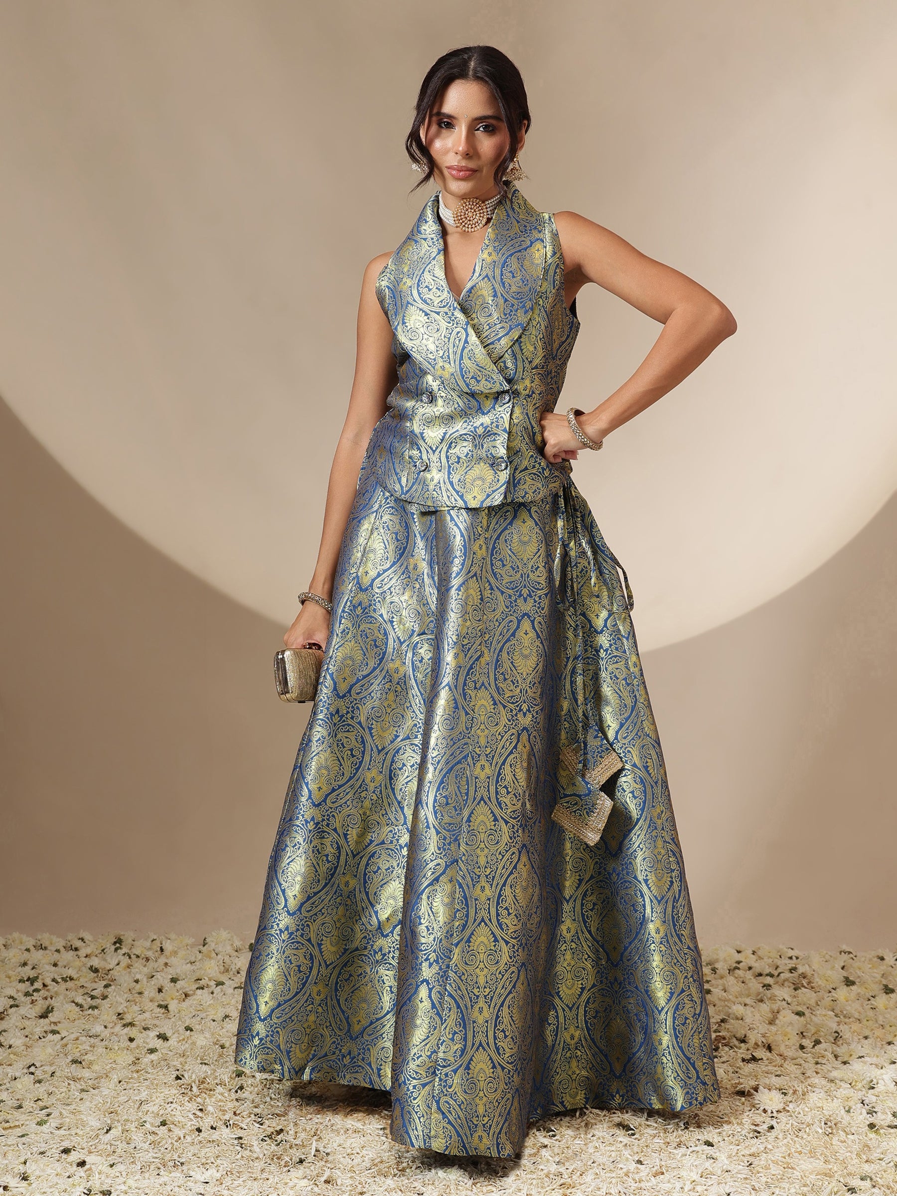 Royal Blue Brocade Vest Top With Anarkali Skirt -Shae by SASSAFRAS