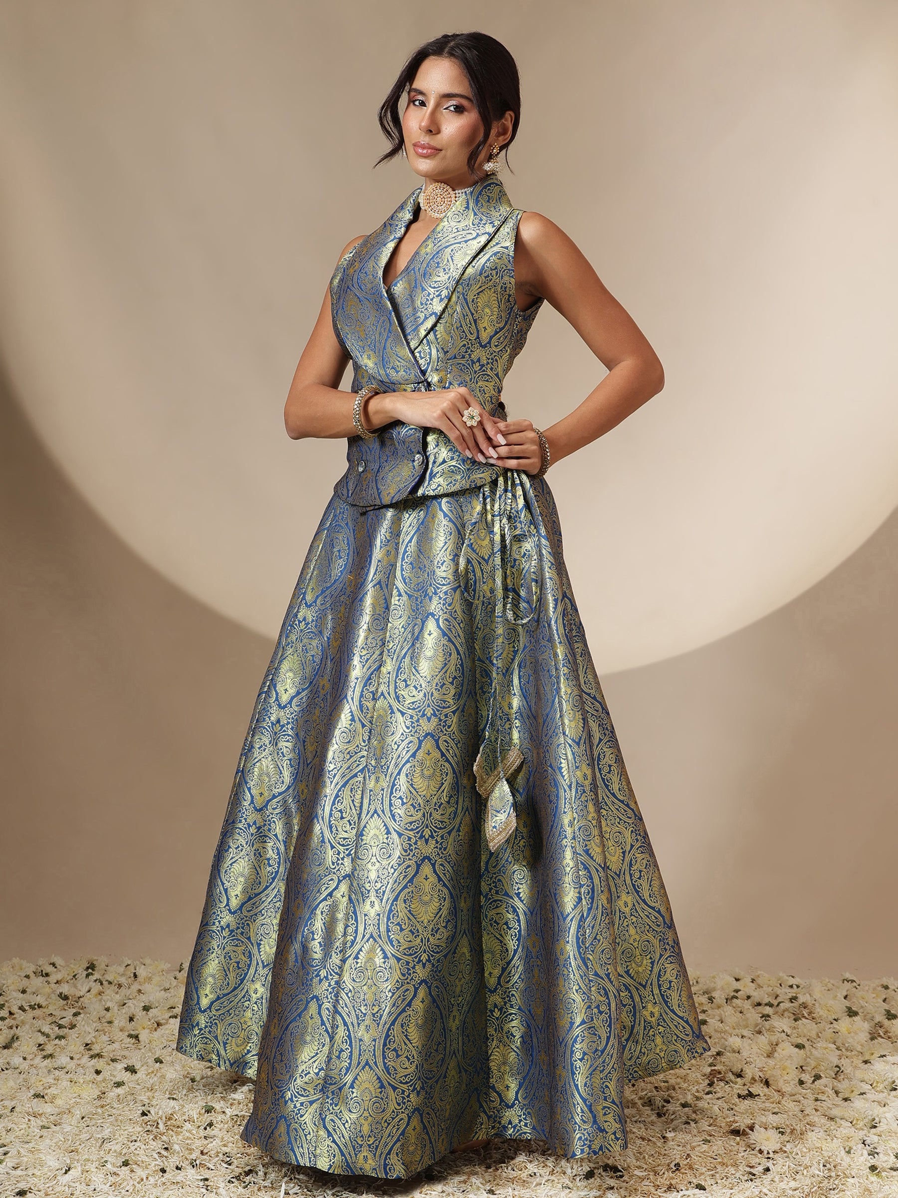 Royal Blue Brocade Vest Top With Anarkali Skirt -Shae by SASSAFRAS