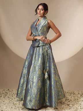 Royal Blue Brocade Vest Top With Anarkali Skirt -Shae by SASSAFRAS