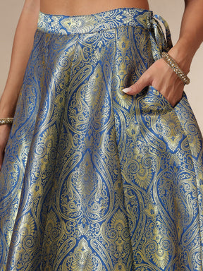 Women Royal Blue Brocade Vest Top With Anarkali Skirt