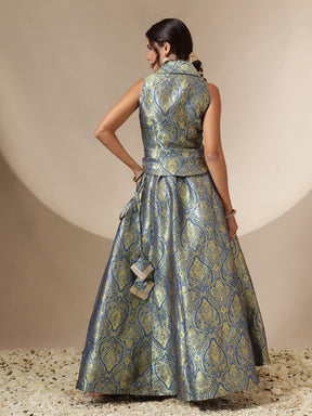Women Royal Blue Brocade Vest Top With Anarkali Skirt