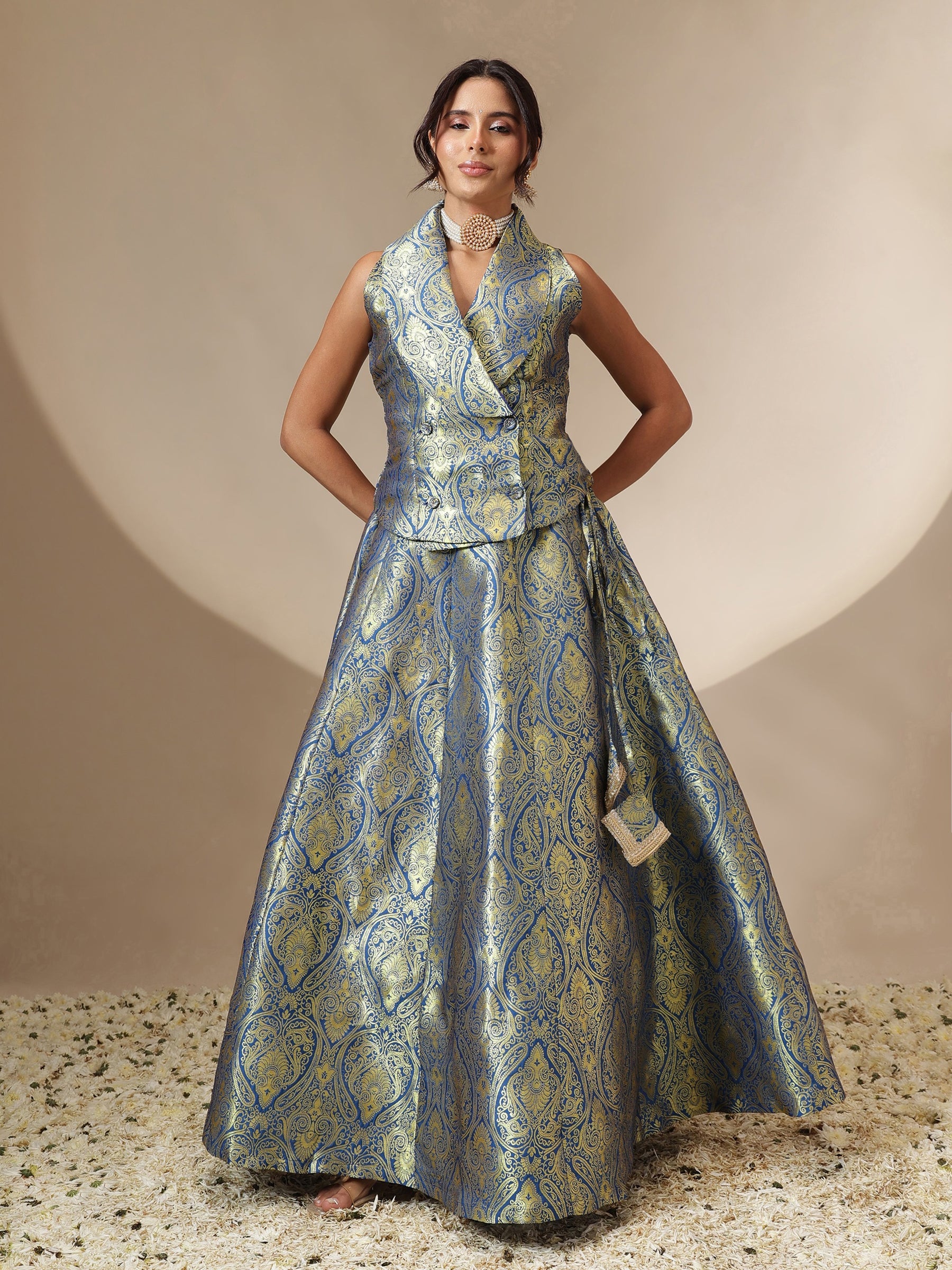 Women Royal Blue Brocade Vest Top With Anarkali Skirt