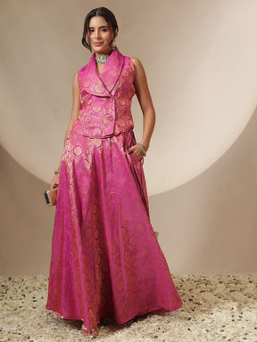 Fuchsia Brocade Vest Top With Anarkali Skirt -Shae by SASSAFRAS