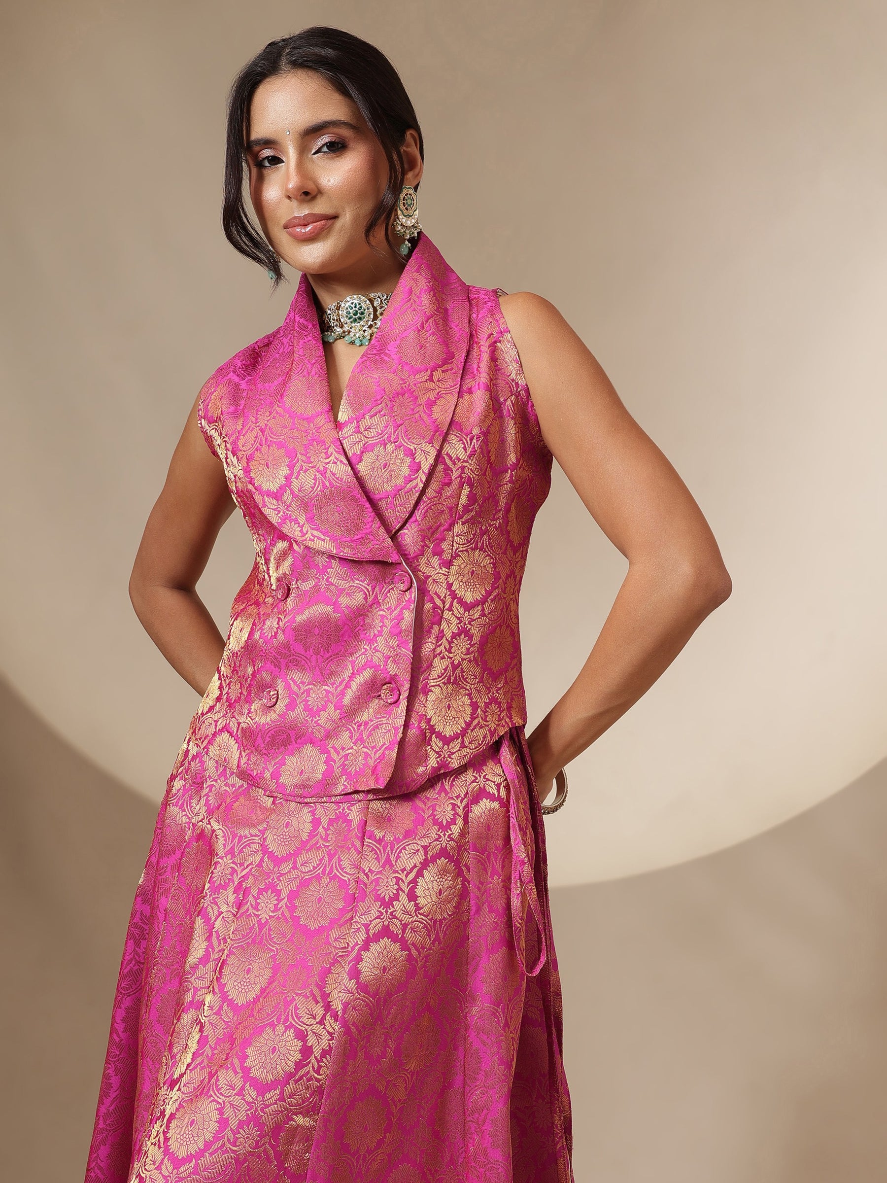 Fuchsia Brocade Vest Top With Anarkali Skirt -Shae by SASSAFRAS