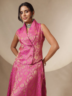 Fuchsia Brocade Vest Top With Anarkali Skirt -Shae by SASSAFRAS