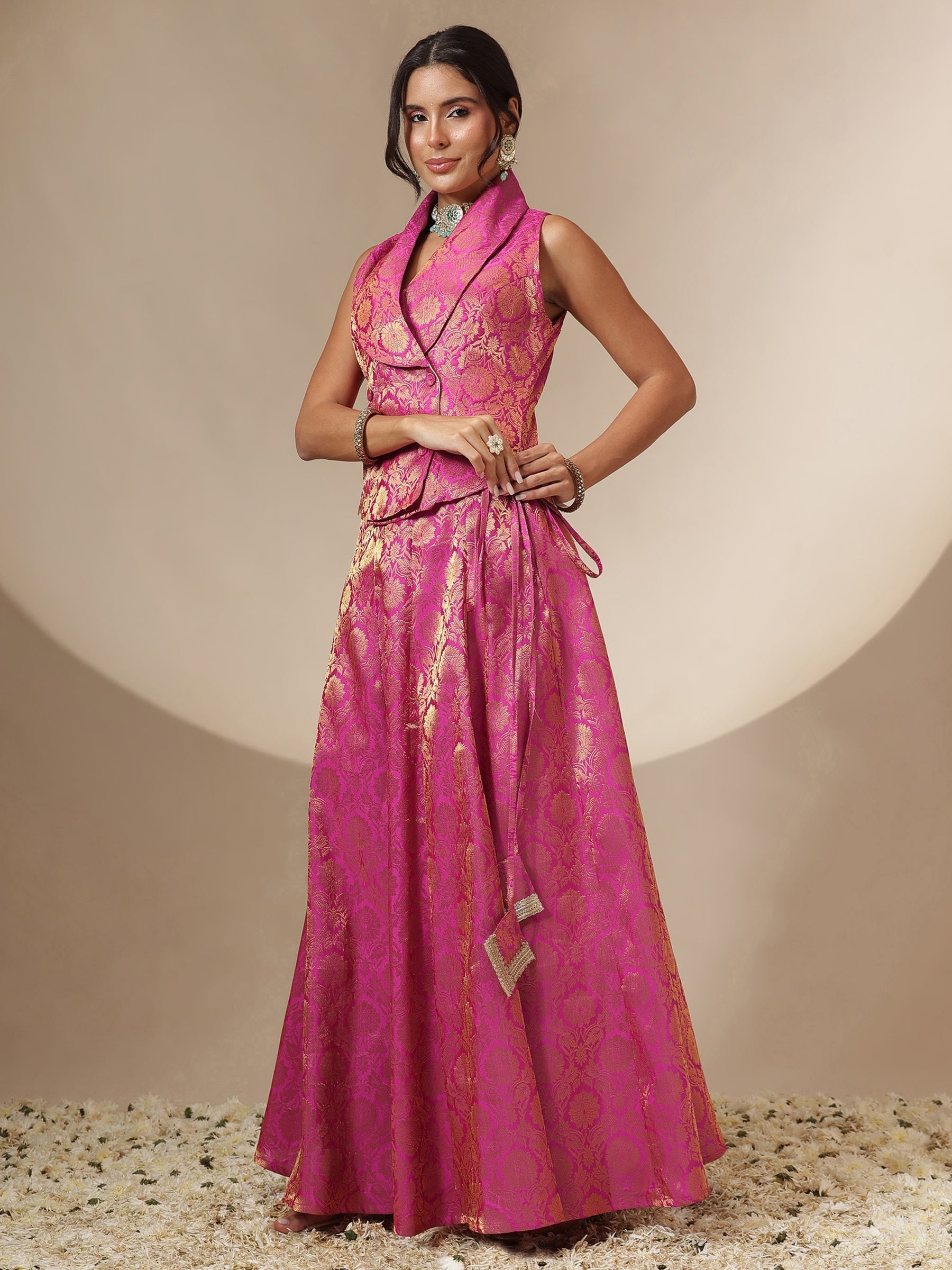 Fuchsia Brocade Vest Top With Anarkali Skirt -Shae by SASSAFRAS