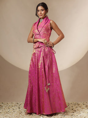 Fuchsia Brocade Vest Top With Anarkali Skirt -Shae by SASSAFRAS